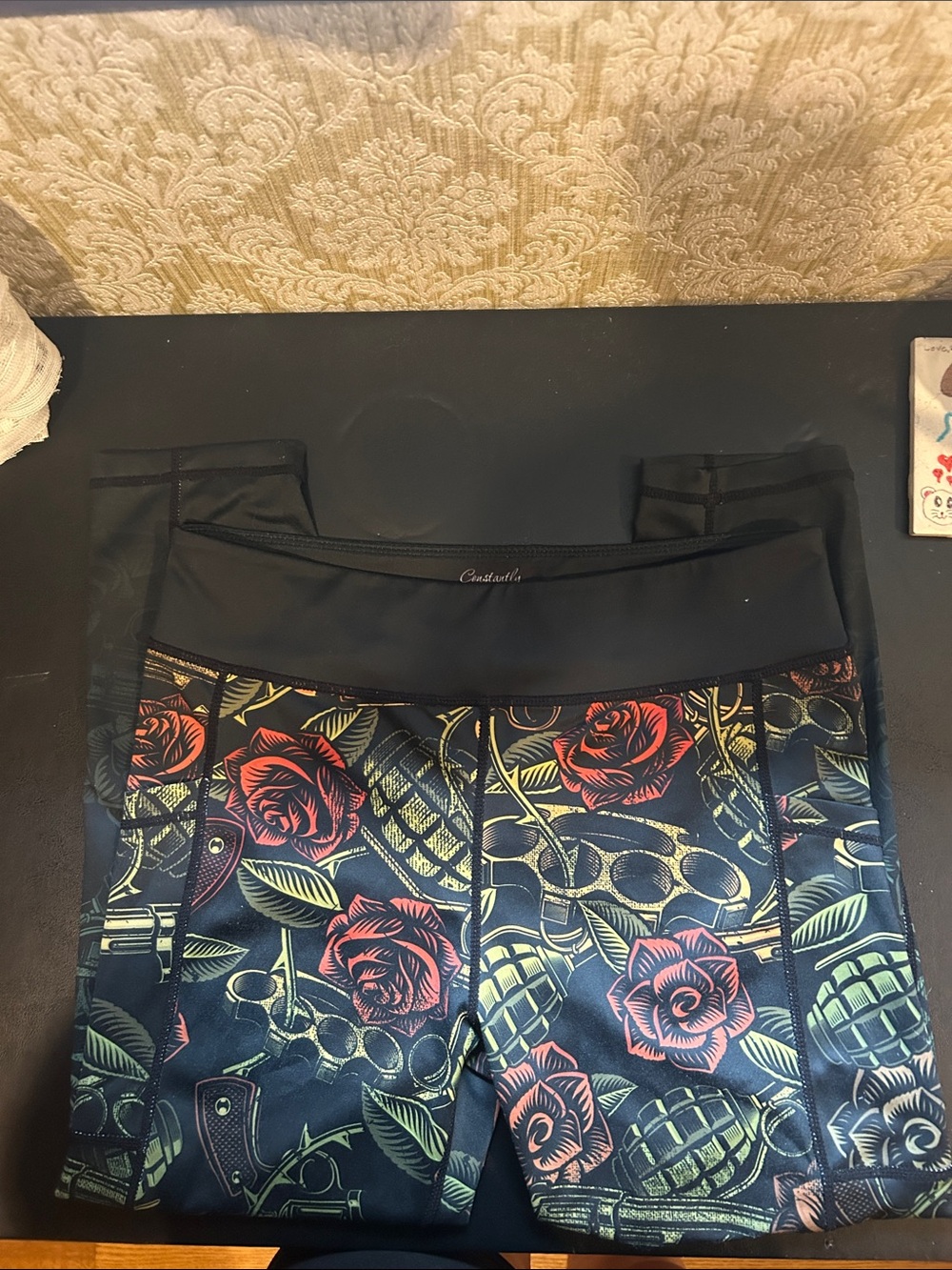 Constantly Varied Gear Black Leggings with Red Rose & Green Leaf Graphic